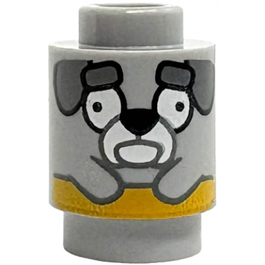 light bluish gray brick round 1 x 1 with dark bluish gray floppy ears and eyebrows white muzzle and eyes black nose and yellow stripe pattern jeremy