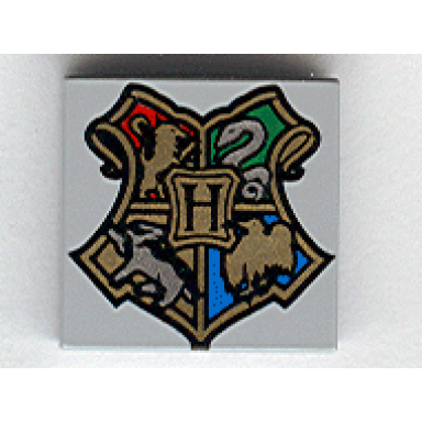 light bluish gray tile 2 x 2 with coat of arms hogwarts crest pattern