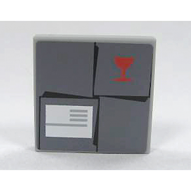 light bluish gray tile 2 x 2 with red fragile goblet white shipping label and parcel top on dark bluish gray background pattern sticker - set 7732