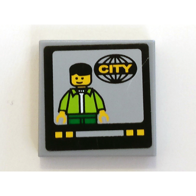 light bluish gray tile 2 x 2 with tv screen with man and city pattern sticker - set 7639
