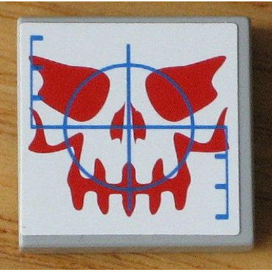light bluish gray tile 2 x 2 with ogel skull with red features and blue crosshairs pattern sticker - set 4748