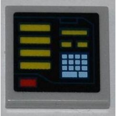 light bluish gray tile 2 x 2 with yellow bars red button bright light blue keypad pattern model left side sticker - set 6860