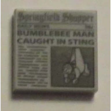 light bluish gray tile 2 x 2 with newspaper springfield shopper and bumblebee man caught in sting pattern