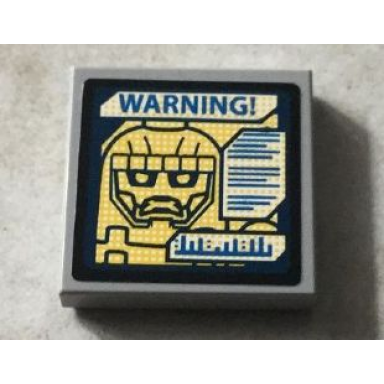 light bluish gray tile 2 x 2 with sentinel face and blue warning! on screen pattern sticker - set 76022