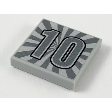 light bluish gray tile 2 x 2 with silver number 10 and radiating beams pattern