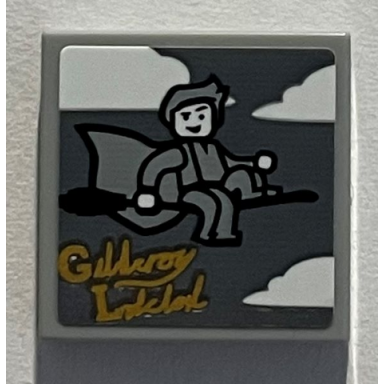 light bluish gray tile 2 x 2 with clouds minifigure on broom gold script gilderoy lockhart pattern sticker - set 76389