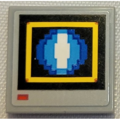 light bluish gray tile 2 x 2 with pixelated blue and white circle in yellow square on black background pattern sticker - set 21331 sonic the hedgehog shield video monitor