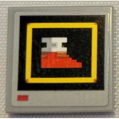 light bluish gray tile 2 x 2 with pixelated red shoe in yellow square on black background pattern sticker - set 21331 sonic the hedgehog power sneakers video monitor