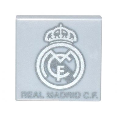 light bluish gray tile 2 x 2 with silver real madrid logo and real madrid c.f pattern