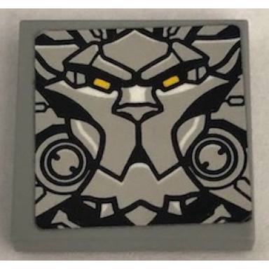 light bluish gray tile 2 x 2 with lion head yellow eyes and silver armor plates pattern sticker - set 75973