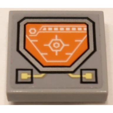 light bluish gray tile 2 x 2 with orange head-up display hud circuitry and buttons pattern sticker - set 70322