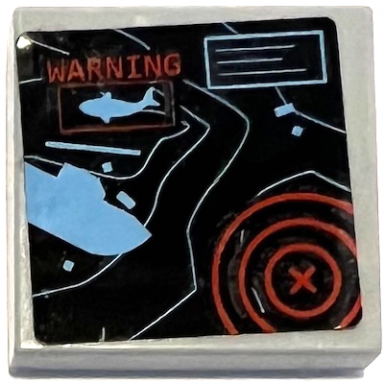 light bluish gray tile 2 x 2 with black and medium blue radar screen with lines ship shark and red warning and circles pattern sticker - set 60096