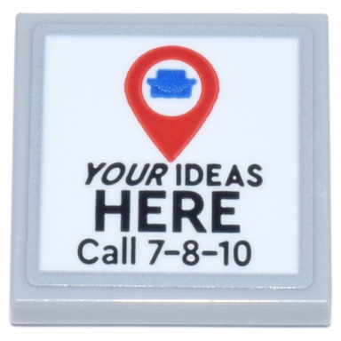 light bluish gray tile 2 x 2 with white sign with red map marker blue lego stud and black your ideas here call 7-8-10 pattern sticker - set 21347