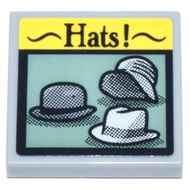 light bluish gray tile 2 x 2 with yellow and black sign with hats! and 3 light bluish gray and white hats with vintage print shading pattern sticker - set 21347