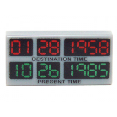 light bluish gray tile 1 x 2 with red 01 28 1958 green 10 26 1985 black destination time and present time pattern