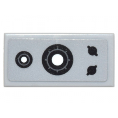 light bluish gray tile 1 x 2 with black and white circle buttons and 2 dials pattern sticker - set 76052