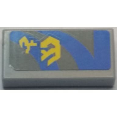 light bluish gray tile 1 x 2 with yellow markings and blue curved and straight lines on dark bluish gray background pattern model left side sticker - set 7962