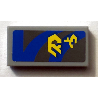 light bluish gray tile 1 x 2 with yellow markings and blue curved and straight lines on dark bluish gray background pattern model right side sticker - set 7962