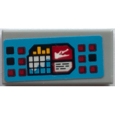 light bluish gray tile 1 x 2 with black and red buttons yellow bar graph map and white crocodile on blue background pattern sticker - set 70907