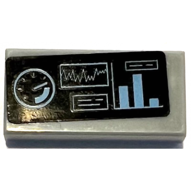 light bluish gray tile 1 x 2 with black control panel with medium blue gauge graph and bar chart pattern sticker - set 60096