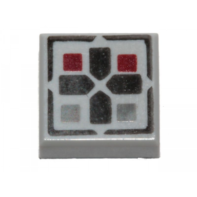 light bluish gray tile 1 x 1 with black cross and dark red and dark bluish gray buttons pattern