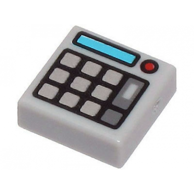 light bluish gray tile 1 x 1 with silver keypad buttons medium azure screen and red light calculator pattern