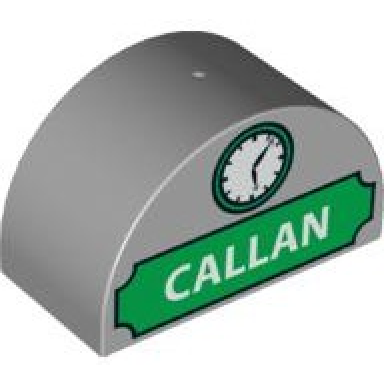 light bluish gray duplo brick 2 x 4 x 2 slope curved double with white callan on green background and clock pattern
