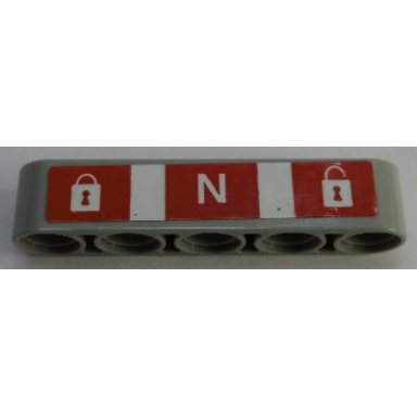 light bluish gray technic liftarm thick 1 x 5 with padlocks and letter n on red background with white stripes pattern sticker - set 42055