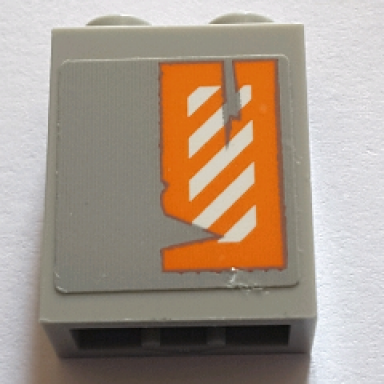 light bluish gray brick 1 x 2 x 2 with inside stud holder with worn orange and white danger stripes pattern right wing left side sticker - set 75144
