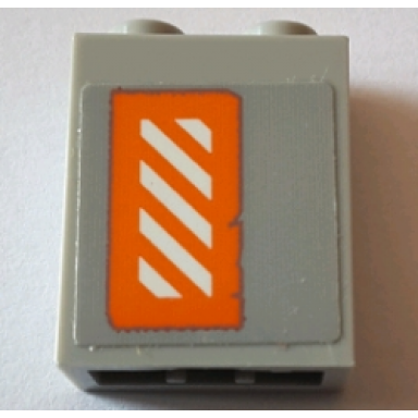 light bluish gray brick 1 x 2 x 2 with inside stud holder with worn orange and white danger stripes pattern right wing right side sticker - set 75144