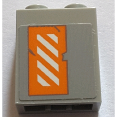 light bluish gray brick 1 x 2 x 2 with inside stud holder with worn orange and white danger stripes pattern left wing right side sticker - set 75144