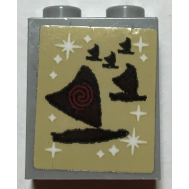 light bluish gray brick 1 x 2 x 2 with inside stud holder with polynesian canoe with triangular sail red spiral and white stars on tan background pattern sticker - set 41149