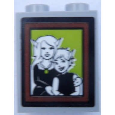 light bluish gray brick 1 x 2 x 2 with inside stud holder with 2 black and white elves portrait on lime background and reddish brown frame pattern sticker - set 41188