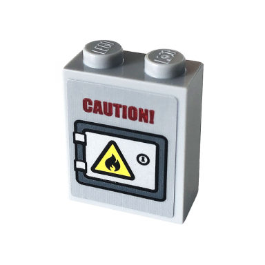 light bluish gray brick 1 x 2 x 2 with inside stud holder with red caution! and door with yellow fire warning sign pattern sticker - set 77943