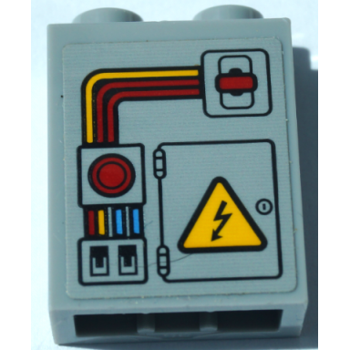 light bluish gray brick 1 x 2 x 2 with inside stud holder with red and yellow electrical switches and wires and warning sign on door pattern sticker - set 60231