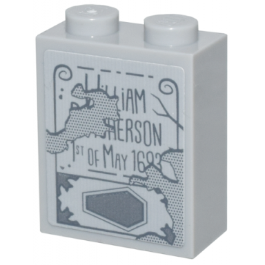 light bluish gray brick 1 x 2 x 2 with inside stud holder with tombstone with dark bluish gray coffin and william butcherson 1st of may 1693 pattern sticker - set 21341