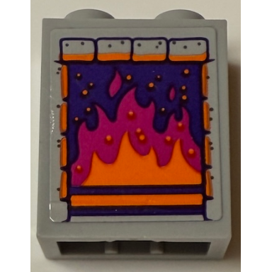 light bluish gray brick 1 x 2 x 2 with inside stud holder with fireplace with bricks orange and magenta flames and dots on dark purple background pattern sticker - set 43231