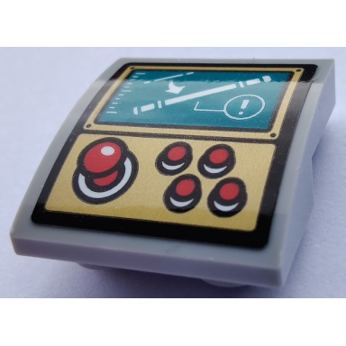light bluish gray slope curved 2 x 2 x 2 3 inverted with 4 red buttons joystick white stick and exclamation mark on dark turquoise display pattern sticker - set 80012