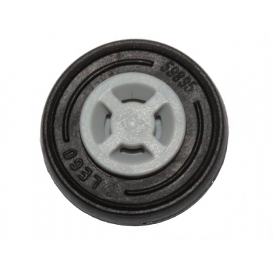 light bluish gray wheel 8mm d x 6mm with slot with black tire 14mm d x 4mm smooth small single with number embossed on side 34337 59895