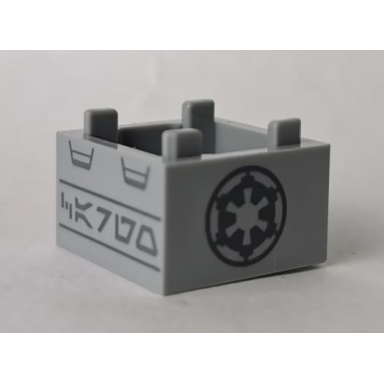 light bluish gray container box 2 x 2 x 1 - top opening with flat inner bottom with dark bluish gray sw imperial logo and aurebesh characters cargo pattern