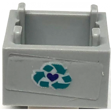 light bluish gray container box 2 x 2 x 1 - top opening with flat inner bottom with dark turquoise recycling arrows and dark blue heart pattern sticker - set 41684