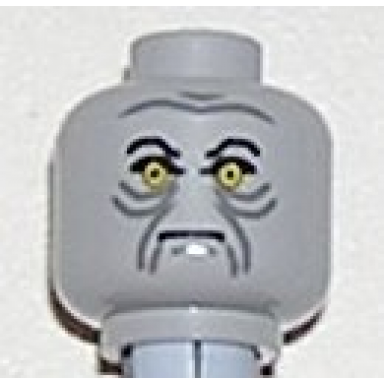 light bluish gray minifigure head male angry black eyebrows yellow eyes and gray wrinkles pattern