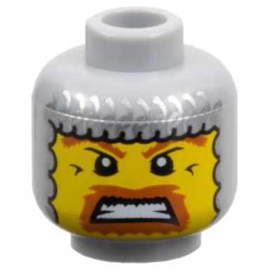 light bluish gray minifigure head balaclava with silver chain mail yellow face dark orange eyebrows and goatee angry with bared teeth pattern