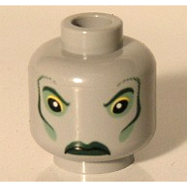 light bluish gray minifigure head alien with dark green eyebrows cheek lines and lips sand green eye shadow and cheeks stern pattern