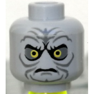 light bluish gray minifigure head yellow eyes dark bluish gray eye shadow jowl lines chin dimple and wrinkles furrowed brow stern pattern