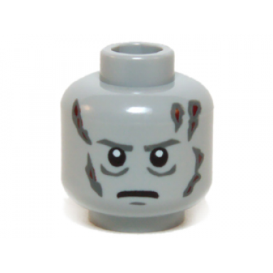 light bluish gray minifigure head dark bluish gray eyebrows bags under eyes chin dimple and scars dark red burns angry frown pattern
