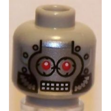 light bluish gray minifigure head silver faceplate red eyes and rectangular grid mouth pattern