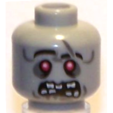 light bluish gray minifigure head alien zombie with black eyebrows right raised red eyes dark bluish gray eye shadow scar dimples and drool open mouth snarl with missing teeth pattern