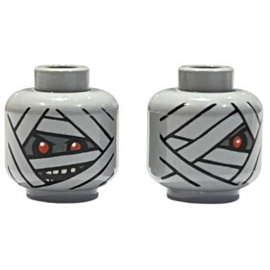 light bluish gray minifigure head dual sided alien mummy with dark bluish gray face wrappings red eyes and angry open mouth with teeth parted single eye pattern