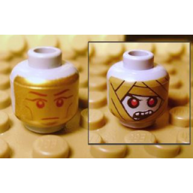 light bluish gray minifigure head dual sided alien with gold death mask mummy wrap with red eyes and open mouth pattern